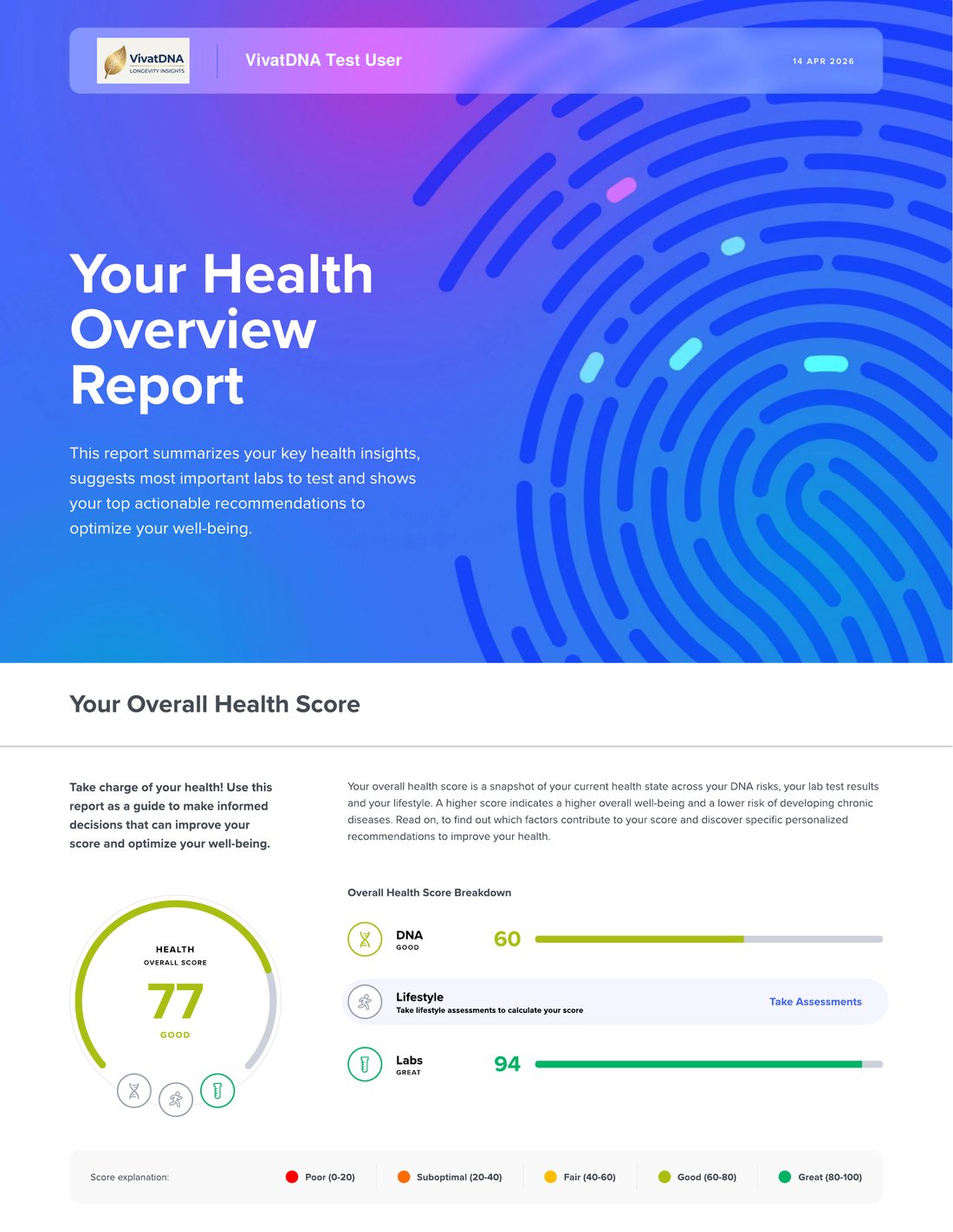 VivatDNA Health Overview Report sample, showing an overall health score of 77